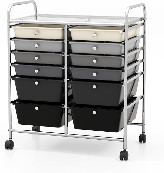 COSTWAY 12-Drawer Rolling Storage Cart, Moveable Art Craft Organizer | Lockable Wheels, Metal Shelf, Files Arrangement Tools Makeup Storage Cart for Office, Home, School (Mixed Black)