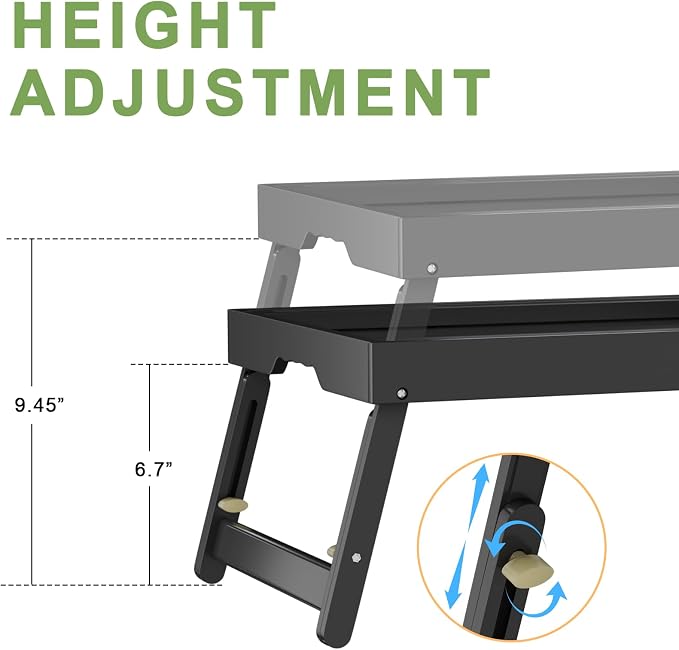 Artmeer Adjustable Bamboo Bed Tray Table with Device Slot, Large, Black | Adjustable FSC-certified bamboo bed tray with device slot, folding legs and handles for meals, laptops and reading in bed.