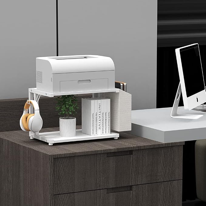 VEDECASA 2 Tier Modern White Wooden Under Desk Printer Stand with Storage Bag for Home Office Desktop Printer Table Organizer Mobile Printer Shelf Cart with Caster Wheel (White)
