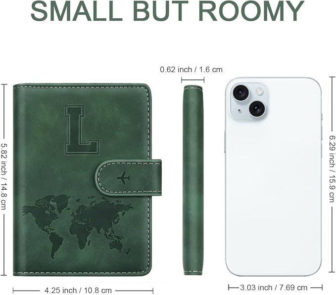 Passport Holder Wallet Cover Personalized Initial Travel Essentials | Embossed Letter A-Z Design, Travel Wallets, RFID Blocking, Passport Book Holders, Women Men, Personalized Gifts, Green-L