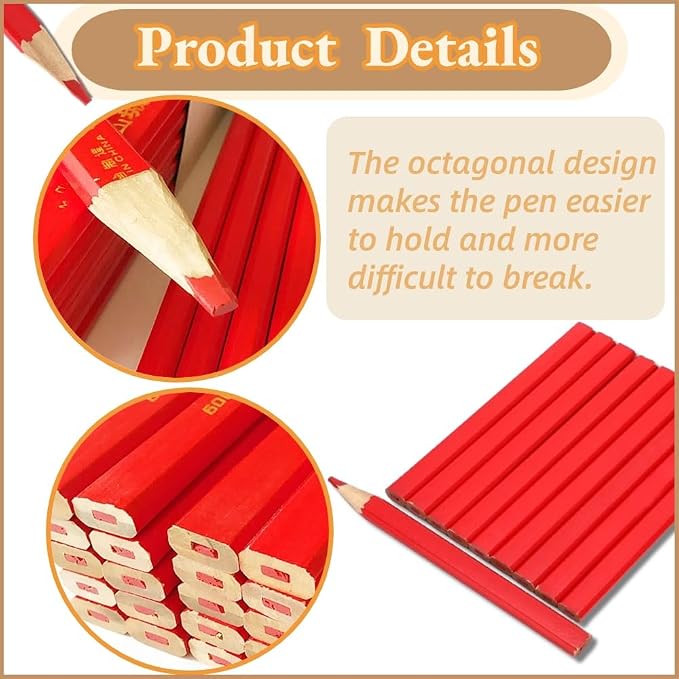 Carpenter Pencils, 10 Red Octagonal Hard Pencils for Woodworking & Concrete Marking