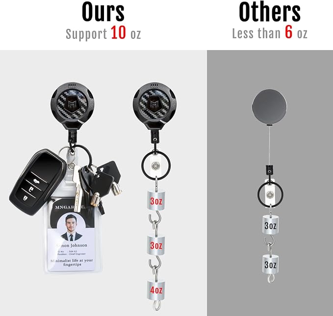 MNGARISTA Upgraded Heavy Duty Retractable Keychain with Belt Clip, 10 OZ Retraction, 31.5" Stainless Steel Cord Key Chain, 3K Carbon Fiber ID Badge Reel Holder with Badge Strap and Key Ring, 8 Pack