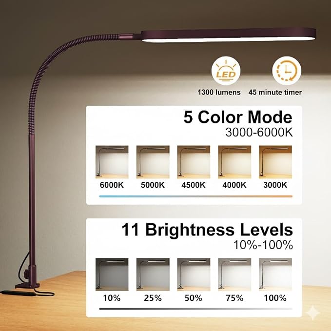 LED Desk Lamp - Desk Light for Home Office - Flexible Gooseneck - 5 Color Modes X 11 Brightness Levels - 1300LM - Timmer & Memory Function - 12W Clip on Light - Red