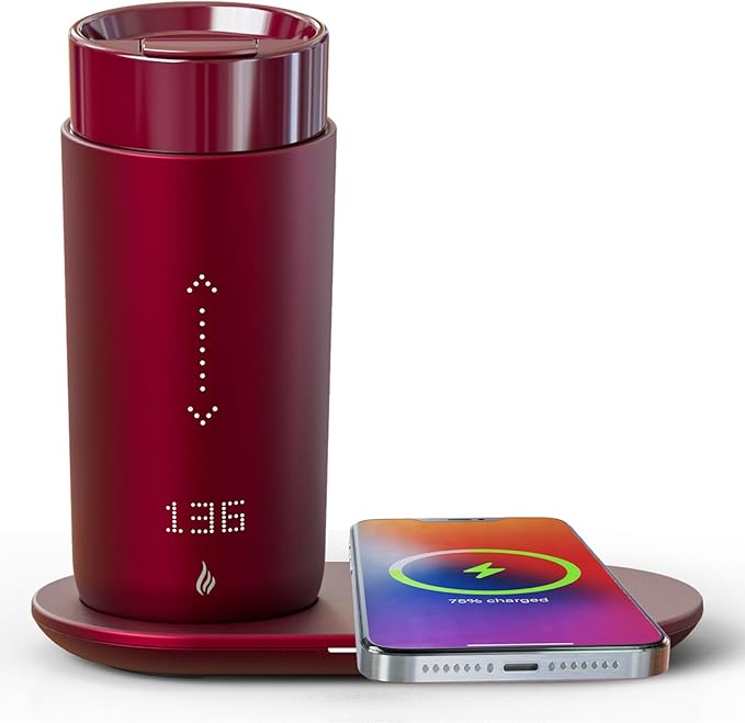 Temperature Control Heated Coffee Mug Smart Self Heating Travel Mug 12 Oz App Controlled Warmer Mug 4-10 Hour LED Display Keep Coffee Hot Fast Wireless Charger Base Rogue red