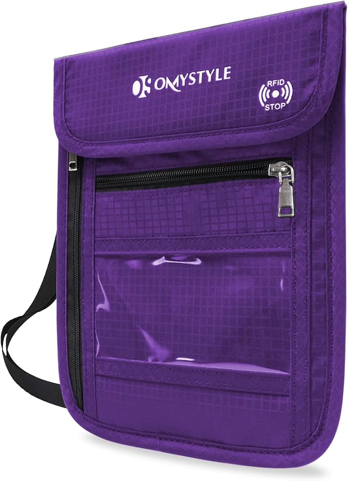 OMYSTYLE Neck Wallet, RFID Passport Holder for Travel, Adjustable Neck Strap, Waterproof Neck Pouch for Men & Women to Keep Cash, Credit Cards and Documents Safe, Purple (8x6)