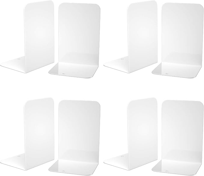 VFINE Bookends 4 Pairs, White Metal Book Ends, Bookends for Shelves, Book Stopper for Heavy Books, Book Dividers for Home Office