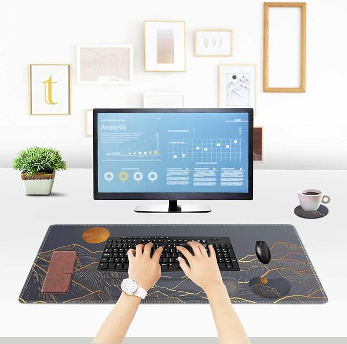 ToLuLu Extended Gaming Mouse Pad, Ergonomic Keyboard Mouse Wrist Rest Set | Large Desk Mat with Stitched Edges, Non-Slip Base Memory Foam Support Mousepad for Home Office and Game, Golden Mountain