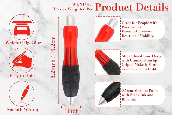 Weighted Pen for Hand Tremors Fat Pen for Arthritic Hands (1 Pack) | 4 Extra Ink Refill, With Storage Bag, 3.5 oz Heavy Large Wide Grip Pen for Parkinsons, Low Grip Strength, Carpal Tunnel