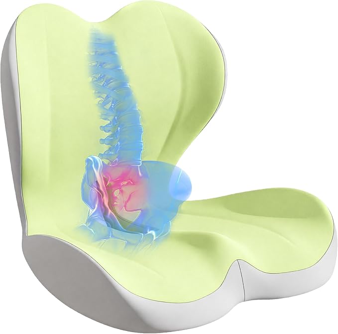 Seat Cushion for Office Chair and Car, Lumbar Support Pillow for Office Chair, Memory Foam Ergonomic Seat Cushion for Long Sitting, Back & Tailbone Pain, Sciatica - Green & Gray