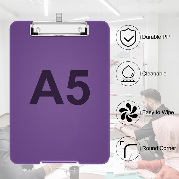 Hongri A5 Clipboard with Storage, Metal Retractable Pen Holder, Dark Purple | 6 x 9'' Nursing Plastic Foldable Clip Board, Size 9.4 x 6.1 x 0.9 in, Menu Box for Work, Office & School Supplies
