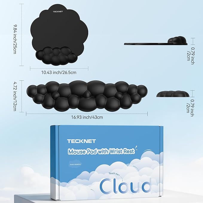 TECKNET Cloud Mouse Pad with Wrist Rest, Ergonomic Cloud Wrist Rest with Non-Slip Base, PU Leather Memory Foam Mouse Pad Wrist Support for Keyboard and Mouse, Pain Relief for Typing, Gaming, Black