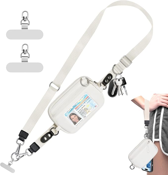 Tiostep Clip and Go Strap for Phone with Wallet Crossbody Phone Lanyard Adjustable and Detachable RFID Wristlet Wallet (Cream, Medium)