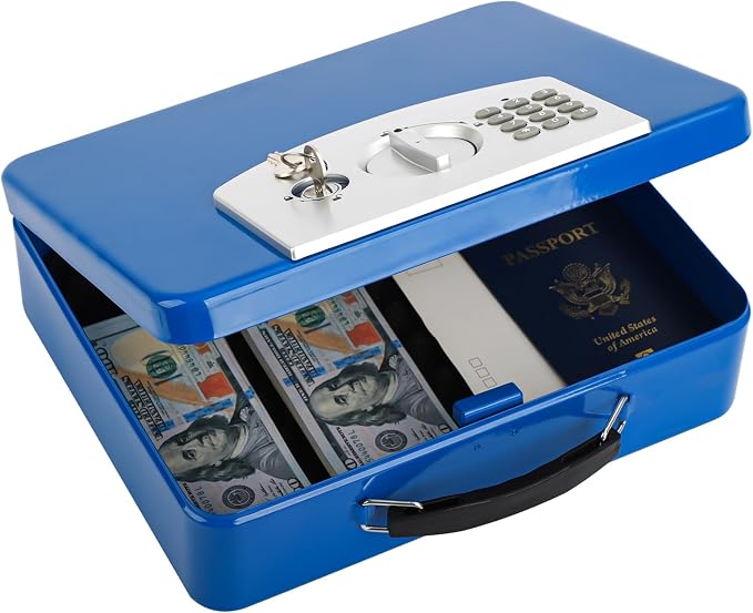 KYODOLED Blue Safe Box with Digital Keypad Lock, Lock Box with Code for Personal Items, Metal Security Box for Cash, Passport, Jewelry, Ideal for Home, Office, Garage Sale, 11.8'' x 9.4'' x 3.5''