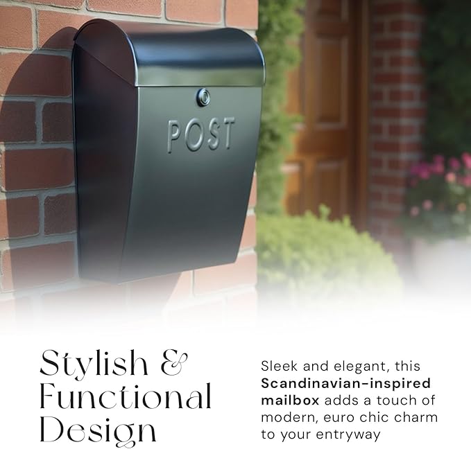 NACH Locking Mailbox, 15.07 x 12.44 x 5.39 inches, Black Lockable Mailboxes for Outside, Large Wall Mount Mailbox - The Sylvia Mailbox