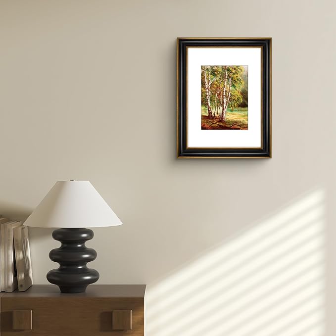Golden State Art, 9x12 Photo Frame With Mat for Pictures 6x8 and Real Glass (Black With Antique Gold Trim - White Color Mat, 1.25 Inch Frame Border)