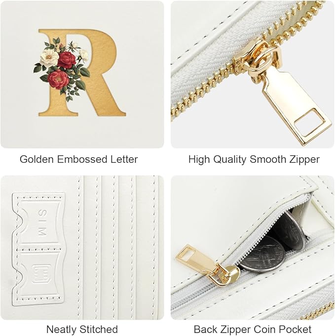 Passport Holder for Travel Personalized Wallet with Wristlet Women | All-in-One Passport Cover, RFID Blocking, Back Coin Pocket, Paper Money Slot, Zipper Closure, Roses Initial Letter, White R