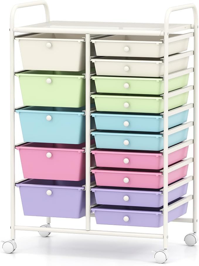 RELAX4LIFE 15 Drawer Rolling Storage Cart, Classroom Organization for School Teacher Office, Mobile Craft Art Supply Organizer, Utility Carts on Wheels for Paper Tools Scrapbook (Ice Cream Multicolor)