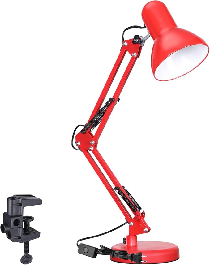 TORCHSTAR Metal Desk Lamp, Adjustable Swing Arm, E26, Red | Architect Gooseneck Multi-Joint Clip Table Lamp with Plastic Clamp, for Home Office, Work, Study, Reading, Bulbs not Included