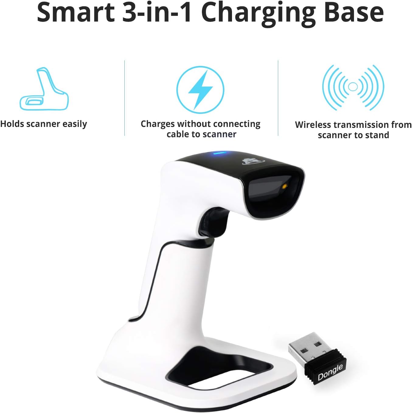 ScanAvenger Wireless Portable 1D&2D with Stand Bluetooth Barcode Scanner: 3-in-1 Handheld Scanner, Rechargeable Battery for Inventory - USB Bar Code/QR Reader (1D&2D with Next Gen Stand)