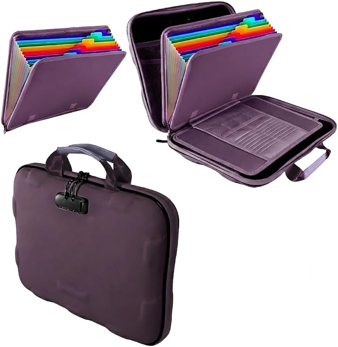 Fireproof Document Box, Hard Case Fireproof File Organizer Box with Lock and 13 Pocket Accordion File Folder, Portable Safe Box for Office Storage Important Documents (With Out Shoulder Strap, Purple)