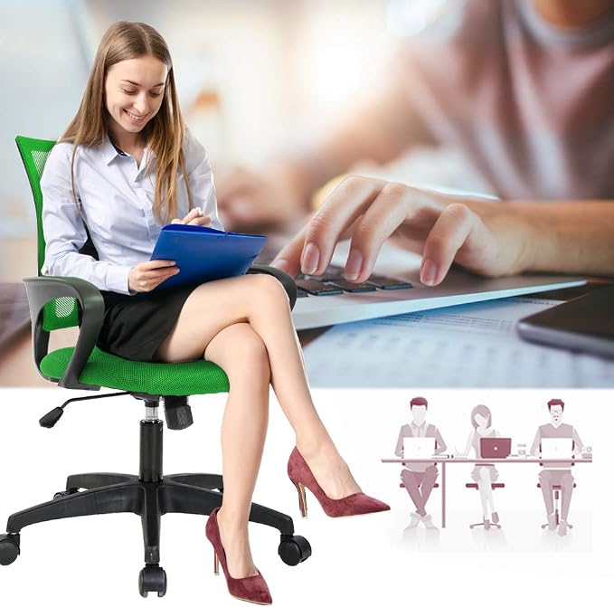 BestOffice | Ergonomic Office Chair | Mid-Back Swivel Desk Chair | Breathable Backrest & Lumbar Support | Adjustable Height | Sponge Seat | Rolling Wheels | Green | for Adults & Women