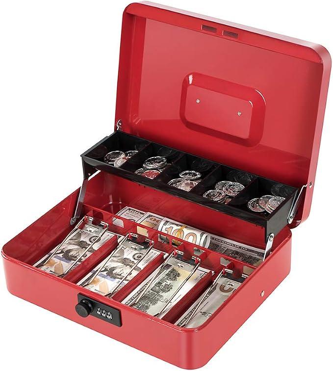 Cash Box with Money Tray and Combination Lock Metal Money Box for Cash Tiered Lock Box for Money 11.8" x 9.4" x 3.54" Red