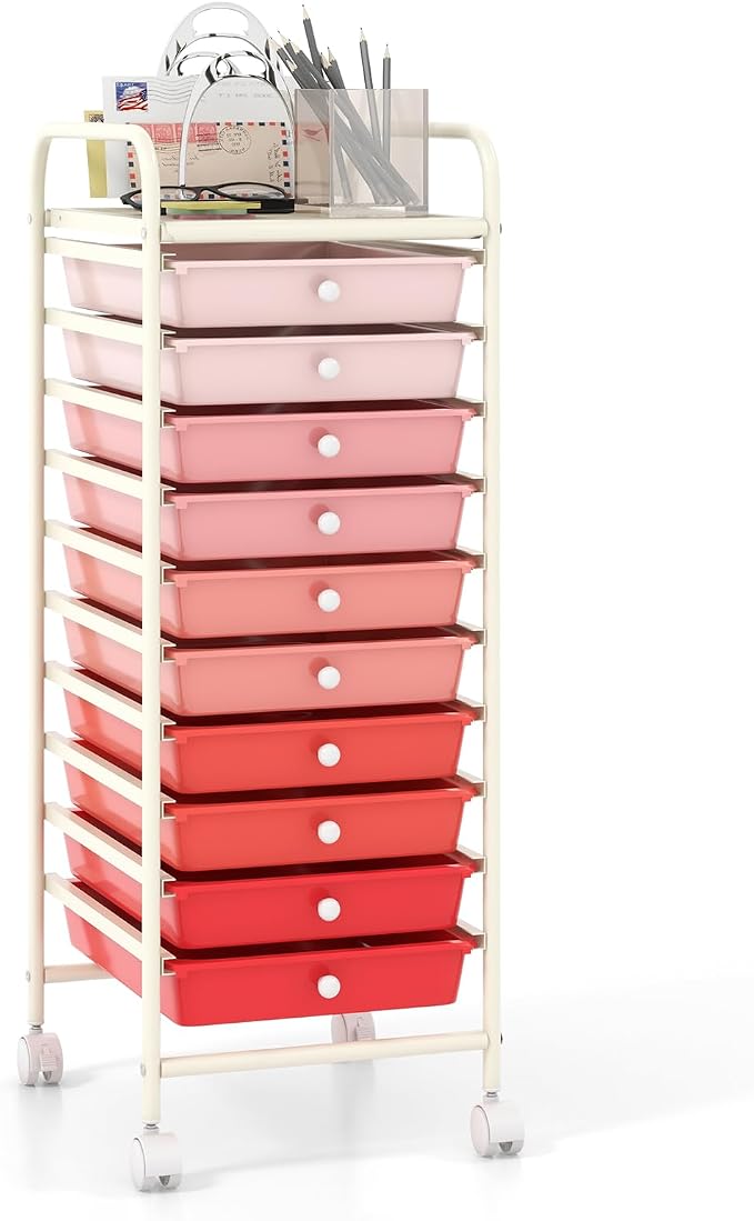 COSTWAY 10-Drawer Rolling Storage Cart, Utility Mobile Trolley | Removable Drawers & Universal Casters & 2 Brakes, Versatile Flexible Drawer Organizer Cart for Home, Office (Mixed Pink)