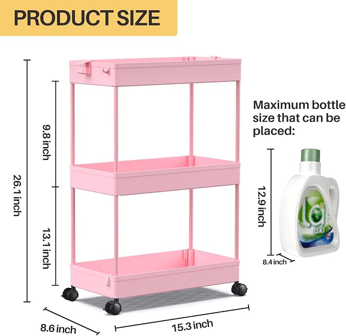 SPACEKEEPER 3 Tier Rolling Cart, Bathroom Cart Organizer with Wheels, Pink | Mobile Storage Cart for Laundry Room Organization,Kitchen,Office,Bathroom, Utility Cart for Snack,Craft,Art,Makeup,Nail,Toys