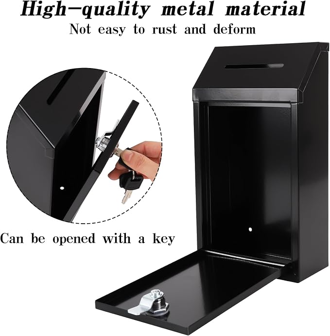 Metal Donation Box with Lock Ballot Box Drop Box with Lock Suggestion Box with Slot and Locks Metal Locks Boxs Comment Box Voting Box Key Drop Box for Home Office(Black,10.24 x 5.71 x 2.95 Inch)