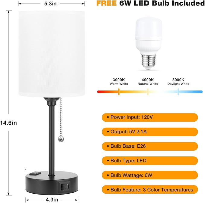Bedside Table Lamp for Bedroom Set of 2, Small Desk Lamp with USB Ports | USB A+C Ports, AC Outlet, 3 Color Temperatures, LED Bulb Included, White Fabric Shade, Matte Black Base, 14" Tall, 2-Pack
