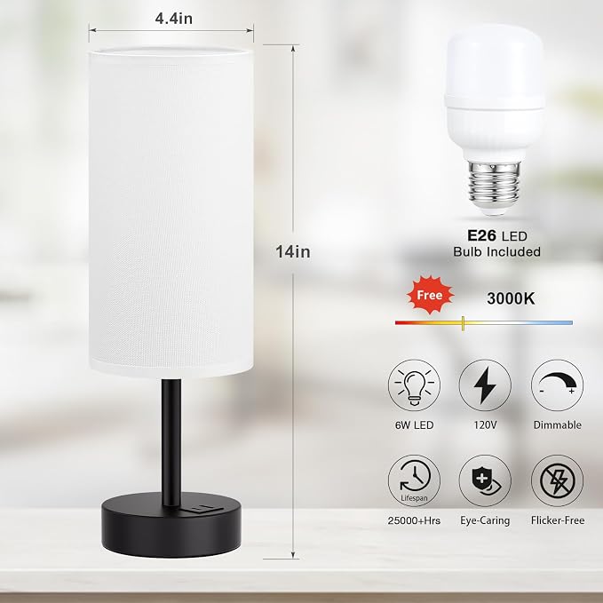 Dicoool Bedside Table Lamp for Bedroom - 3-Way Dimmable Touch Lamp, USB A+C | LED Bulb Included, 14" Small Nightstand Lamp for Desk, Living Room, Guest Room, White Fabric Lampshade, Black Metal Base
