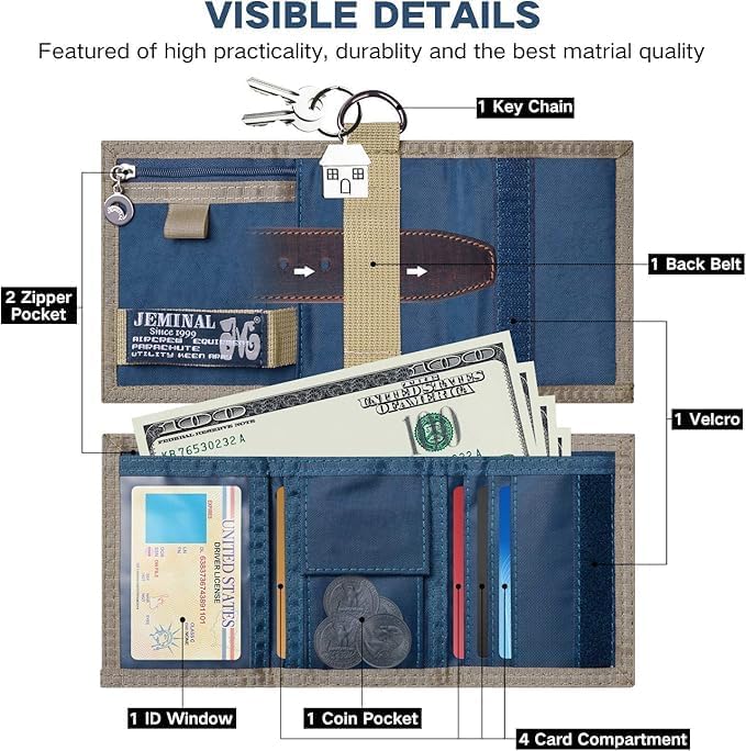 JEMINAL Trifold Canvas Wallet for Men Outdoor Sports Wallet with Keychain, Multiple Card Slots, ID Window, Lightweight Nylon Casual Wallet, Blue