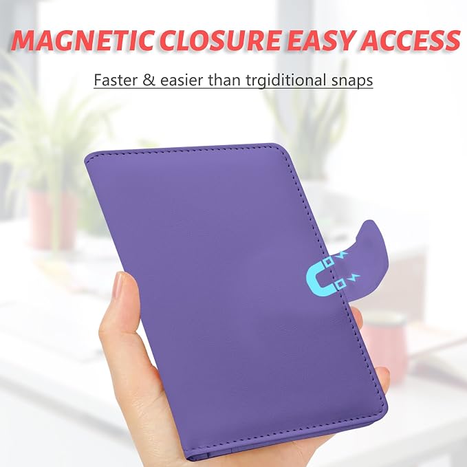 Passport Holder, Cute Travel Wallet Cover with RFID Blocking,Purple | PU leather travel wallet with magnetic closure, card slots, pen loop, and easy access for passports and essentials.