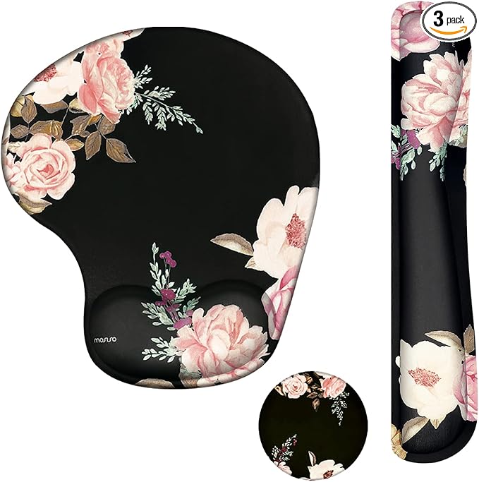 MOSISO Curved Wrist Rest Support for Mouse Pad&Keyboard Set, Black | Peony Ergonomic Mousepad Non-Slip Base Home/Office Pain Relief&Easy Typing Cushion with Neoprene Cloth&Raised Memory Foam