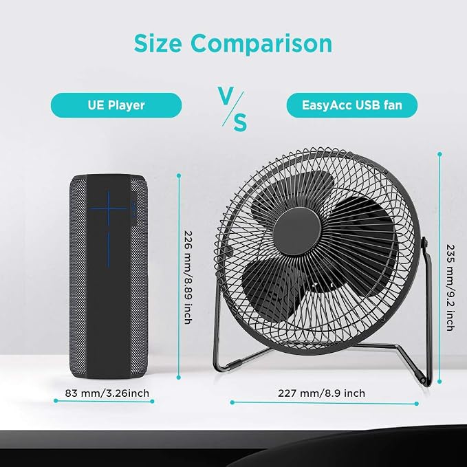 EasyAcc 9 Inch USB Desk Fan Ultra-quiet USB Powered 360° Rotation Desktop Fan with Metal Frame, Portable Personal Cooling Fan with 2 Speed for Home Office (USB POWERED ONLY)
