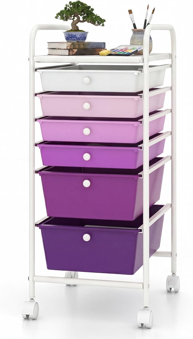 COSTWAY 6-Drawer Rolling Storage Cart, Art Craft Tools Organizer on Wheels | Multifunctional Heavy Duty Utility Mobile Storage Trolley w/ 2 Lockable Wheels for Home Office School (Purple Gradient)