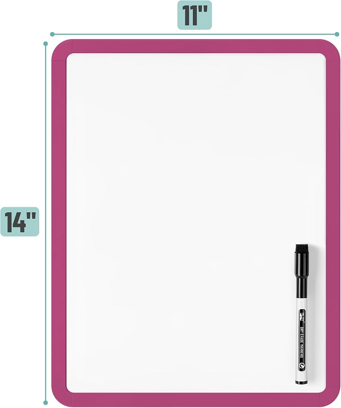 Mr. Pen- Dry Erase Board, 14” x 11” with a Black Dry Erase Marker | Magenta Frame, Small Mini White Board for Students, Fridge, Wall, Locker, Includes Double Sided Tapes