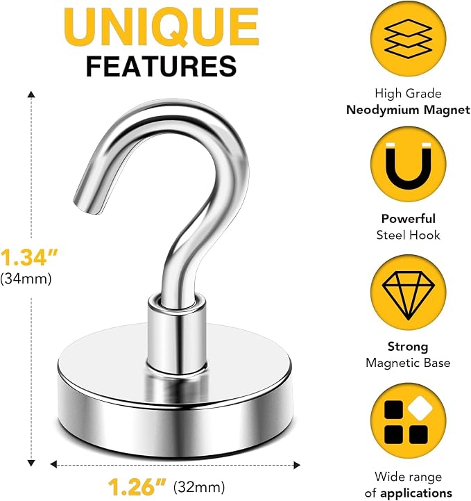 DIYMAG Magnetic Hooks, 120lbs 16pcs Cruise Cabin Essentials Heavy Duty N52 | Strong Neodymium Rare Earth Magnets, for Kitchen, Classroom, Beach, Cruise Cabins, Refrigerator, Hanging Key Clothes Wall Hat