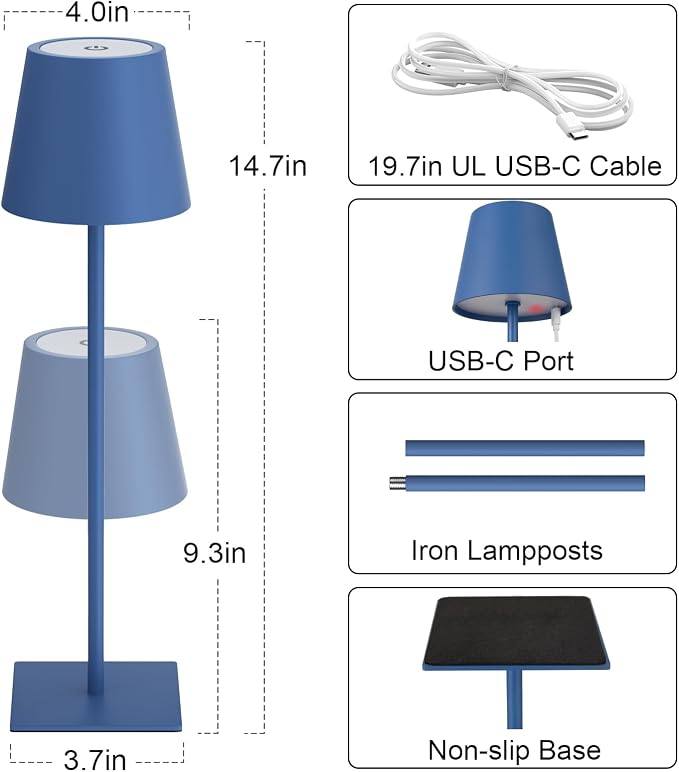 Kakanuo Cordless Rechargeable Table Lamp Navy 5000mAh Battery Operated Lamps, 3 Colors Stepless Dimming Touch Lamp for Living Room, Kitchen Counter, Dining, Outdoor Patio, 2 Pack