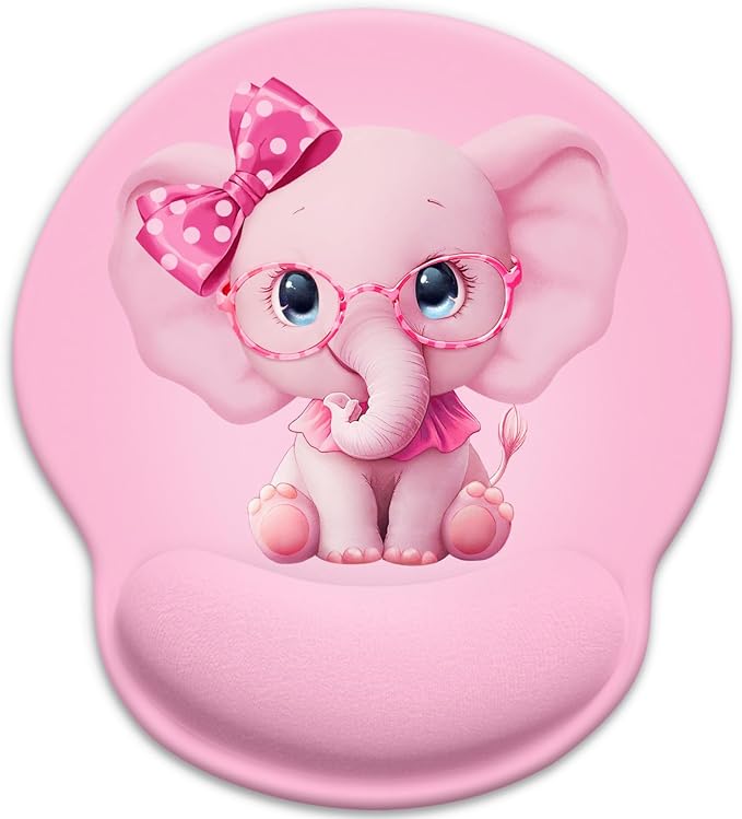 LIMKRIAN Pink Elephant Ergonomic Mouse Pad with Wrist Rest, 9.8 x 8.6 in | Non-Slip PU Base, Smooth Surface, Comfort Gel Wrist Support, Pain Relief, Cute Pink Office Desk Accessories Decor for Women