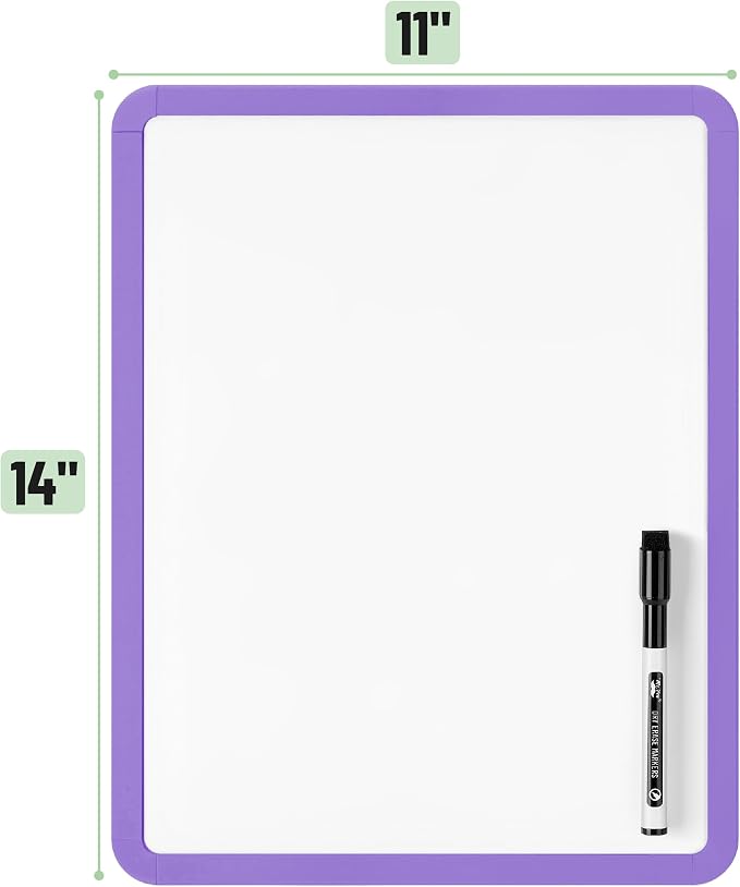Mr. Pen- Dry Erase Board, 14” x 11” with a Black Dry Erase Marker | Purple Frame, Small Mini White Board for Students, Fridge, Wall, Locker, Includes Double Sided Tapes
