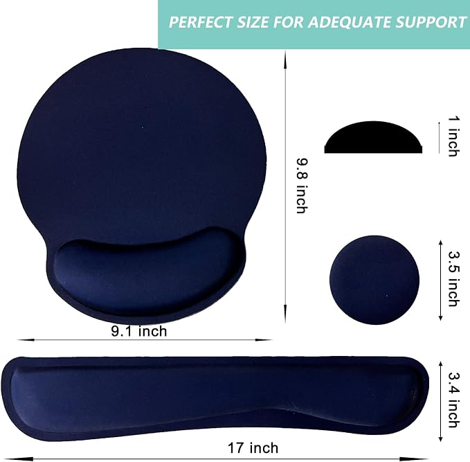 Keyboard Wrist Rest Pad Mouse Pad with Wrist Support Set of 3, Mousepad with Non-Slip Rubber Base, Ergonomic Memory Foam Mouse Wrist Cushion Support for Home Office Laptop Computer Gaming, Navy Blue