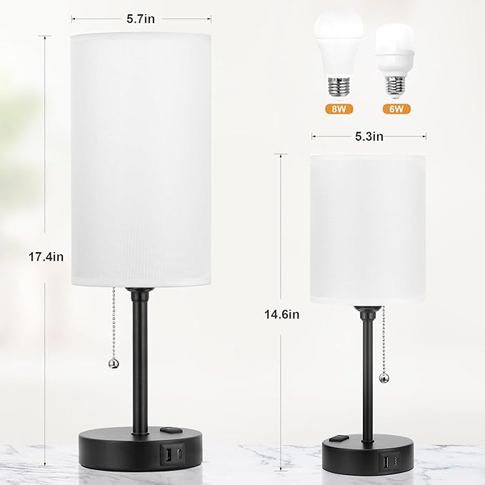 17" Bedside Lamp for Bedroom - USB A+C Port, AC Outlet,3 Color Temperature | 17" Night Stand Lamp, USB A+C Ports, AC Outlet, 3 Color Temperatures, LED Bulb Included, White Fabric Shade, Matte Black Base