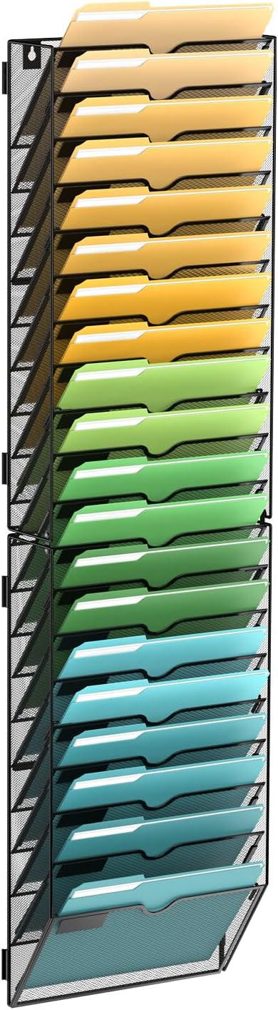 20 Tier Wall File Organizer, Hanging Wall Mounted Mail Organizer with Label Slots, Metal Mesh File Holder Magazine Rack for Office, Home, School or Classroom, Black
