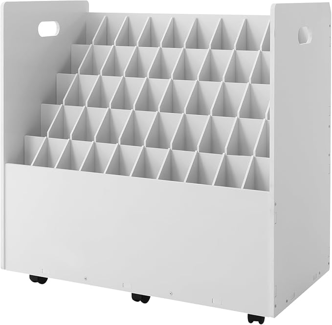 Blueprint Storage Organizer, 50 Slots Mobile Roll File Cart, Construction Plan Holders, Blue Print Cabinet with Wheels, Roll Files Storage for Office Home School (White, 50 Slots)