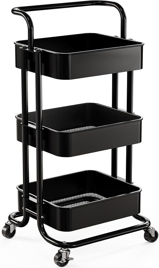 Pipishell Metal 3 Tier Rolling Cart with Handle & 2 Lockable Wheels, Black | Four Large 2" Wheels for Easy Motion, Sturdy Metal, Hold 22 lbs per Shelf, Ideal for Nursery Room, Living Room, Painting Room
