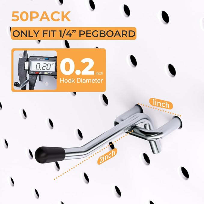 INCLY 50 Pack 2 Inch Pegboard Hooks with Rubber Tipped, 1/4" Heavy Duty | Peg Board Hooks Accessories,Peg Board Tool Hangers Fit 1/4" Pegboard, For Hanging Tools Garage, Craft Room, Kitchen, Store
