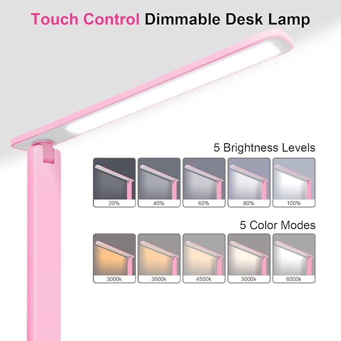 White crown LED Desk Lamp Dimmable Table Lamp Reading Lamp with USB Charging Port, 5 Lighting Modes, Sensitive Control, 30/60 Minutes Timer Pink (Pink, First-Generation)