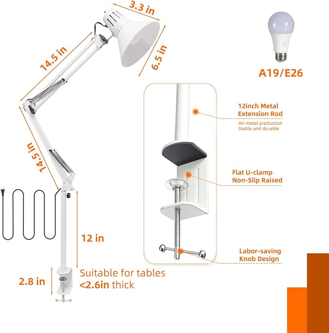 White Desk Lamp with Clamp, Extra-Tall Adjustable Metal Swing Arm, 5000K | Manicurist Table Lamp for Nail Work, Drafting, Sewing, Crafting, College Dorm and Home Office, A19 Bulb Included