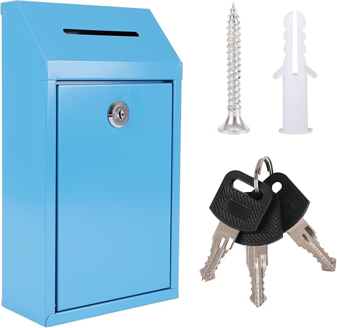 Metal Donation Box with Lock Ballot Box Drop Box with Lock Suggestion Box with Slot and Locks Metal Locks Box Comment Box Voting Box Key Drop Box for Home Office(Blue,10.24 x 5.71 x 2.95 Inch)